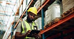 Tablet, worker and black man at warehouse for inventory, check stock and storage. Technology, logistics engineer and quality control at factory on app for distribution, shipping and safety inspection