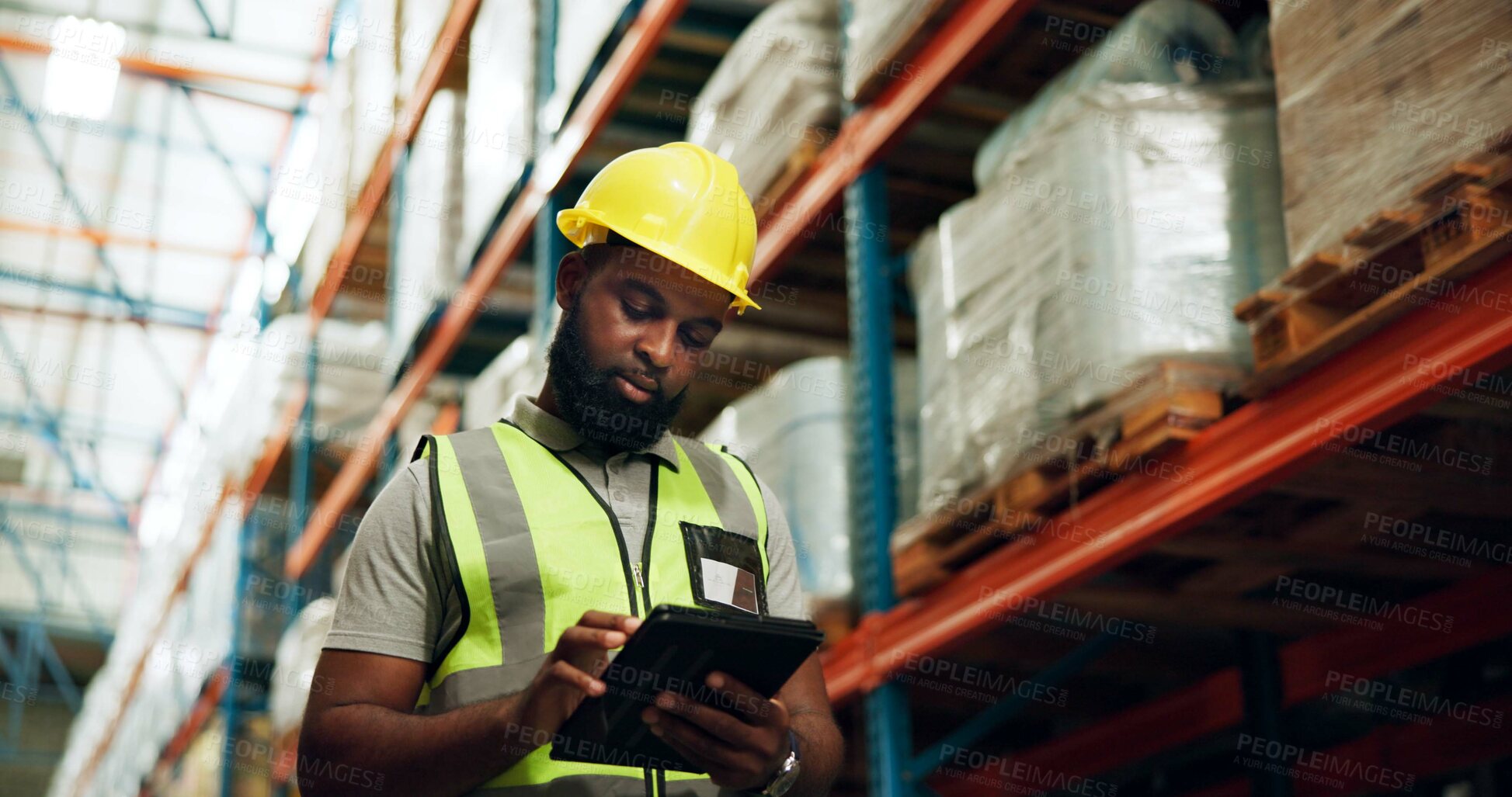 Buy stock photo Tablet, worker and black man at warehouse for inventory, check stock and storage. Technology, logistics engineer and quality control at factory on app for distribution, shipping and safety inspection