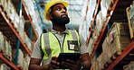 Tablet, planning and black man at warehouse for inventory, check stock and thinking. Technology, logistics engineer or quality control at factory on app for distribution, shipping or cargo inspection