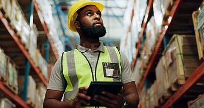 Buy stock photo Tablet, planning and black man at warehouse for inventory, check stock and thinking. Technology, logistics engineer or quality control at factory on app for distribution, shipping or cargo inspection