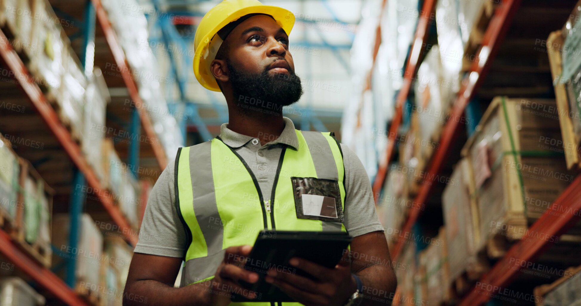 Buy stock photo Tablet, planning and black man at warehouse for inventory, check stock and thinking. Technology, logistics engineer or quality control at factory on app for distribution, shipping or cargo inspection