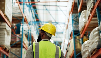 Buy stock photo Black man, inspection and inventory in warehouse for logistics, supply chain and quality control. Manager, freight and stock management for shipping industry, delivery and maintenance compliance