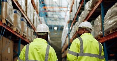 Buy stock photo Man, employees and warehouse with inspection for manufacturing, delivery and stocktake. Back, business people and teamwork or collaboration with meeting for supply chain, logistics and parcel