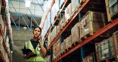 Buy stock photo Woman, supervisor and phone call at warehouse for manufacturing, delivery and communication. Female person, employee and manager with connection or conversation for order, parcel and package