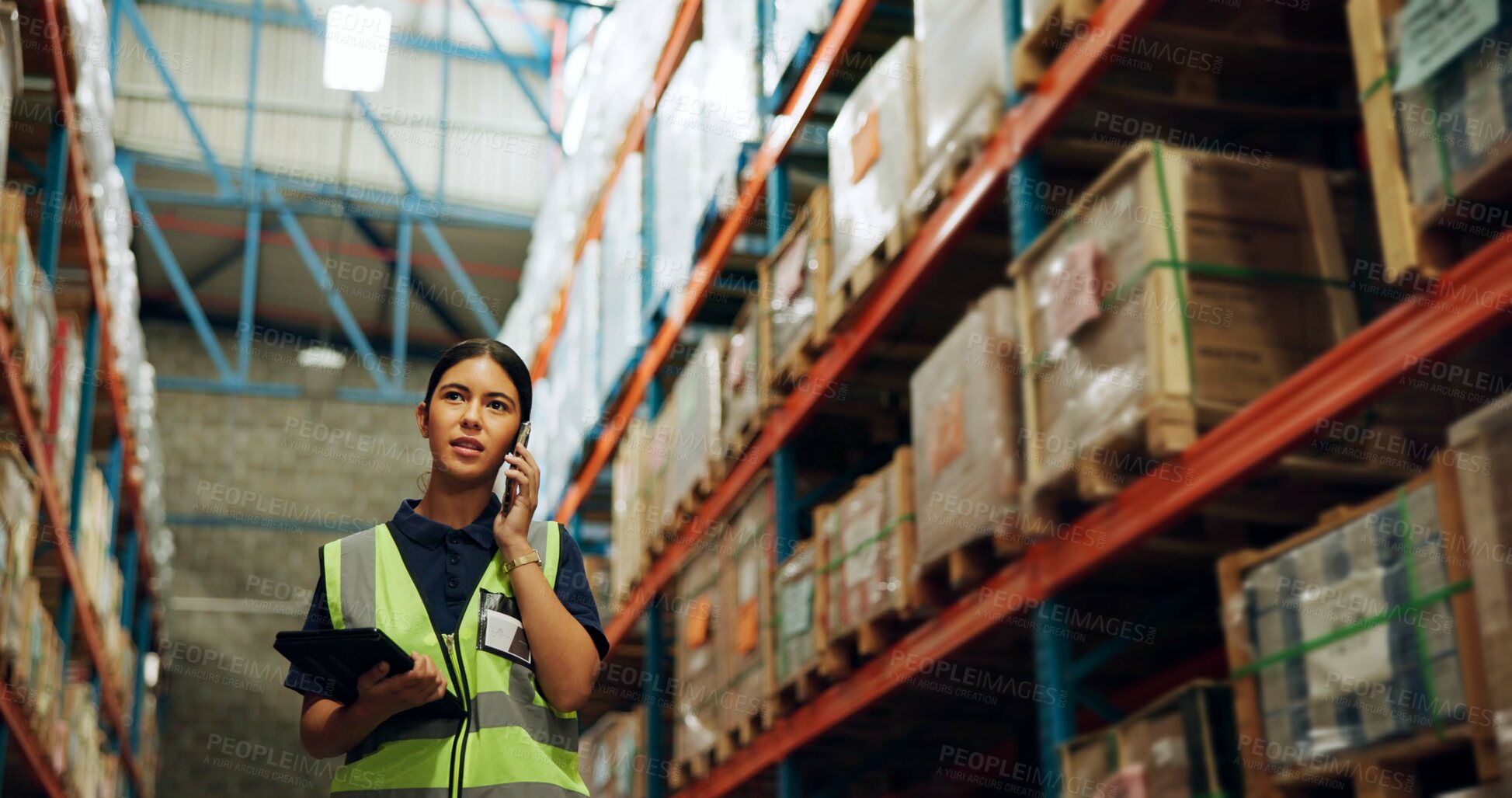 Buy stock photo Woman, supervisor and phone call at warehouse for manufacturing, delivery and communication. Female person, employee and manager with connection or conversation for order, parcel and package