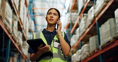 Buy stock photo Logistics, woman and phone call in warehouse for distribution, inventory management and supply chain. Supervisor, tablet and contact supplier for cargo import, shipping inspection and track stock