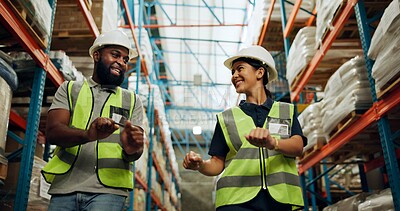 Buy stock photo Dance, smile and walking with people in warehouse together for distribution, inventory or storage. Celebration, industry or logistics with man and woman employee in supply chain plant for shipping