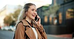 Phone call, business and woman in city, smile or travel with conversation, contact or talking. Person, employee or professional with mobile user, commute or urban town with buildings or communication