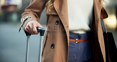 Buy stock photo Business, woman and hands with luggage in street waiting for transport service, cab or taxi for work trip. Professional, person and suitcase on city sidewalk for travel, commute and ready for lift