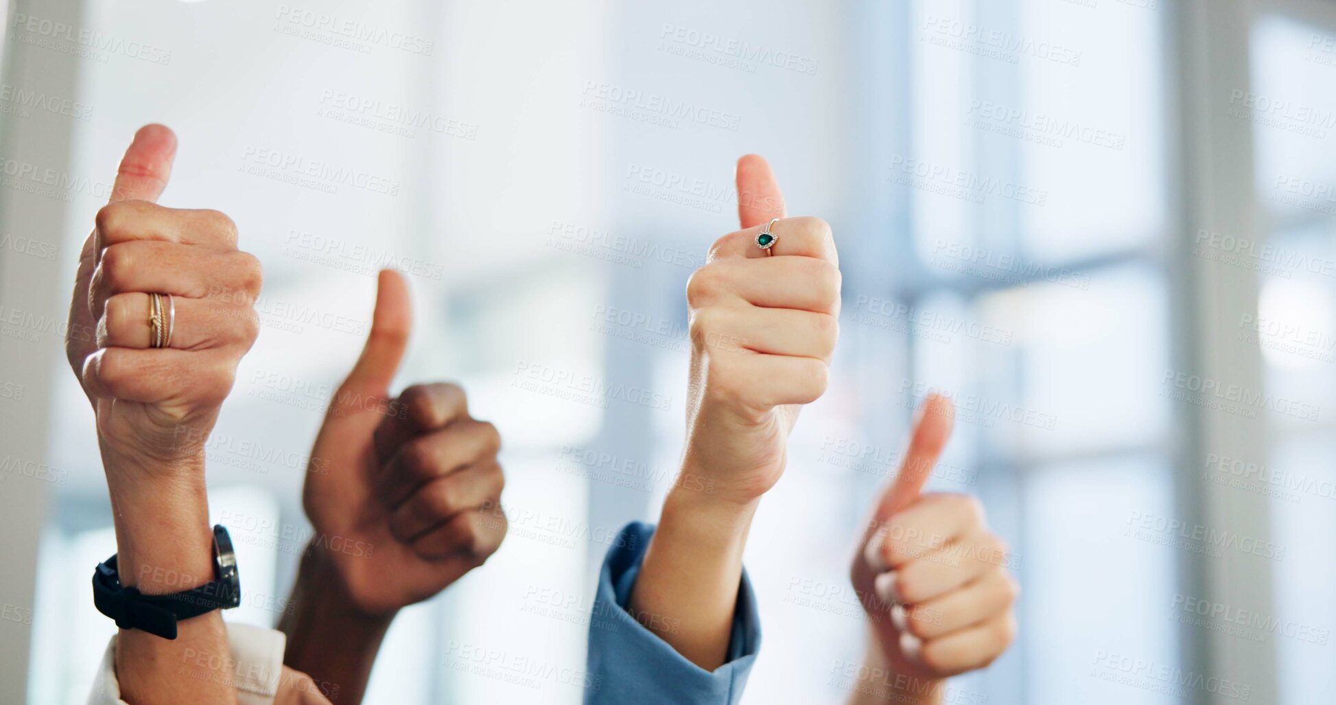 Buy stock photo Employees, hands and thumbs up in office for approval, team support and motivation for goals. Business people, emoji and symbol for like feedback in workplace, cooperation and staff for collaboration