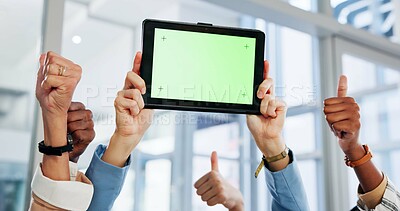 Buy stock photo Business people, hands or tablet green screen with thumbs up for contact us and advertising about us info. Mockup space, digital tech and tracking markers with group approval for company announcement