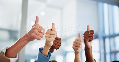 Buy stock photo Employees, hands and thumbs up in office for winning, team support and motivation for goals. Business people, emoji and symbol for like feedback in workplace, cooperation and staff for collaboration