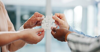 Buy stock photo Hands, business people and puzzle with teamwork, cooperation and synergy in modern office. Closeup, staff and employees with game, collaboration and planning for project, agreement and development