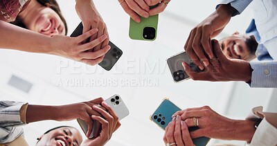 Buy stock photo Business people, phone and happy for group networking in low angle for global connection or team chat. Technology, professional circle or smartphone in hands for internet website or diverse community