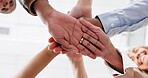 Business people, palm and stack in huddle for teamwork, office support and motivation for goals. Employees, hands pile and circle for collaboration in workplace, mission solidarity and low angle