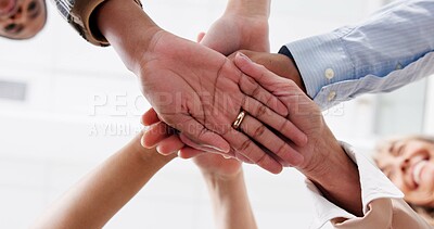 Buy stock photo Business people, palm and stack in huddle for teamwork, office support and motivation for goals. Employees, hands pile and circle for collaboration in workplace, mission solidarity and low angle