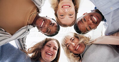 Buy stock photo Business people, portrait and team circle in office, diversity and together for support or unity. Employees, low angle and huddle for collaboration in workplace, 