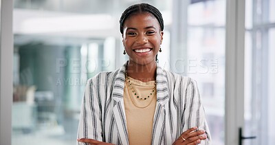 Buy stock photo Business, portrait and smile with black woman in office for start of corporate or professional career. Confident, creative and mission with happy employee at design agency workplace in Nigeria 