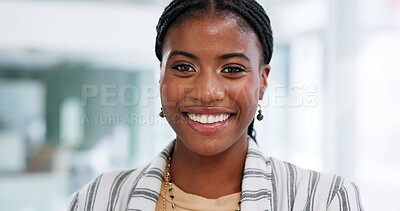 Buy stock photo Creative, portrait and smile with black woman in office for start of corporate or professional career. Business, confident and mission with face of employee at design agency workplace in Nigeria