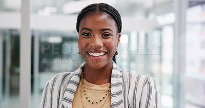 Buy stock photo Business, happy and portrait with black woman in office for start of corporate or professional career. Confident, creative and mission with smile of employee at design agency workplace in Nigeria