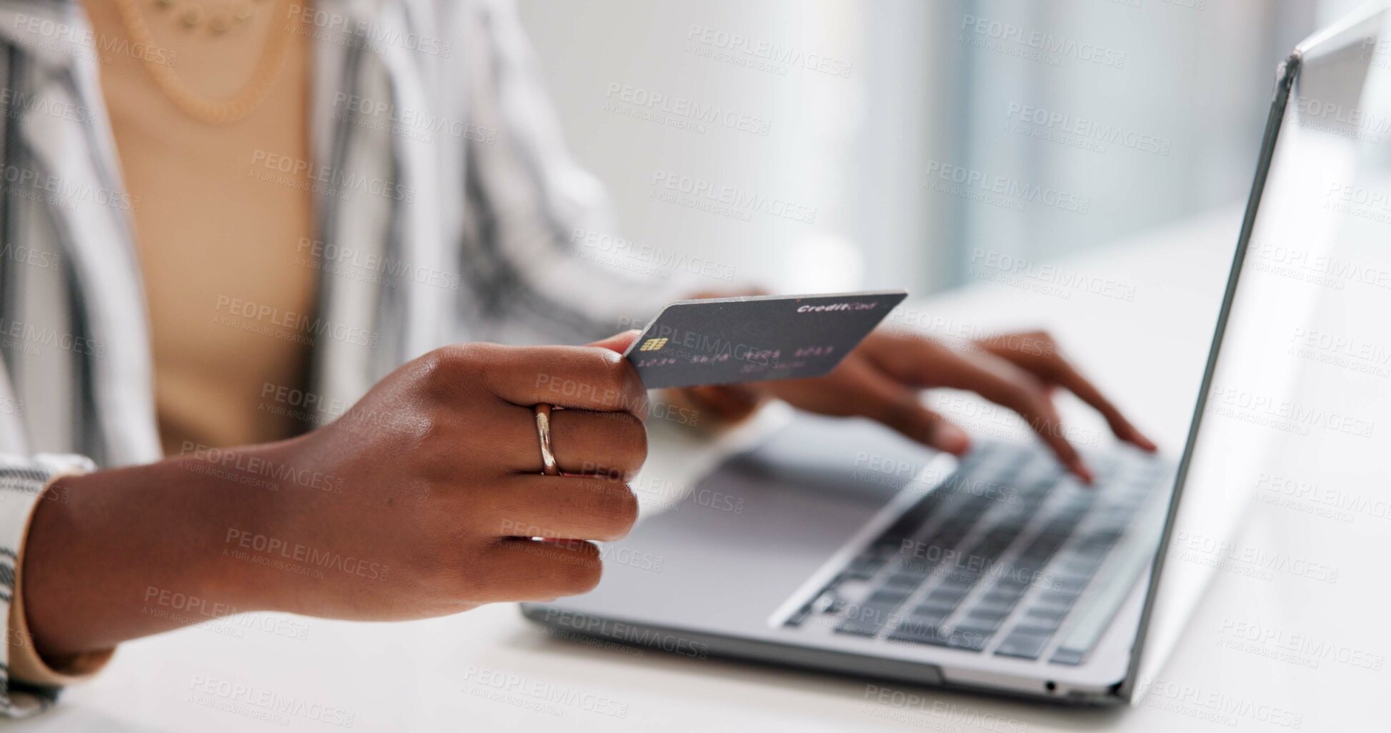 Buy stock photo Black woman, hands or laptop with credit card for online banking, shopping or payment on desk. Closeup, young African or female person with debit or computer for ecommerce order or remote transaction