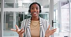 Video call, portrait and black woman in office with headset, smile or crm consultant in sales support webinar. Advice networking or virtual assistant in conversation for online training in meeting