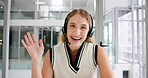 Video call, portrait and woman in office with headset, smile or crm consultant in sales support webinar. Wave, networking or virtual assistant in conversation for online meeting in project management