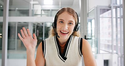 Buy stock photo Video call, portrait and woman in office with headset, smile or crm consultant in sales support webinar. Wave, networking or virtual assistant in conversation for online meeting in project management