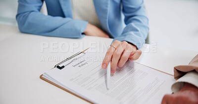 Buy stock photo Hands, business people and consultant with insurance policy, risk management and conversation. Closeup, employee and client with documents, advice and funeral cover with help and agreement in office