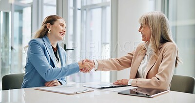 Buy stock photo Employees, handshake and contract agreement, job hiring and hr manager for recruitment. Business people, thank you and welcome to company in office, agreement and support in onboarding opportunity