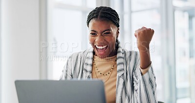 Buy stock photo Fist pump, laptop and success with business black woman in office for celebration as deal winner. Computer, target and wow with excited employee in professional workplace for bonus or promotion