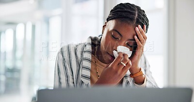 Buy stock photo Black woman, sick professional and blowing nose in office, allergies and tissue for virus influenza. Female person, respiratory disease and hayfever cold in workplace, sinus infection and pneumonia