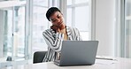 Neck pain, laptop and black woman in office with bad posture, injury or stress symptoms. Computer, business and African female bookkeeper with muscle sprain for ergonomics problem in workplace.