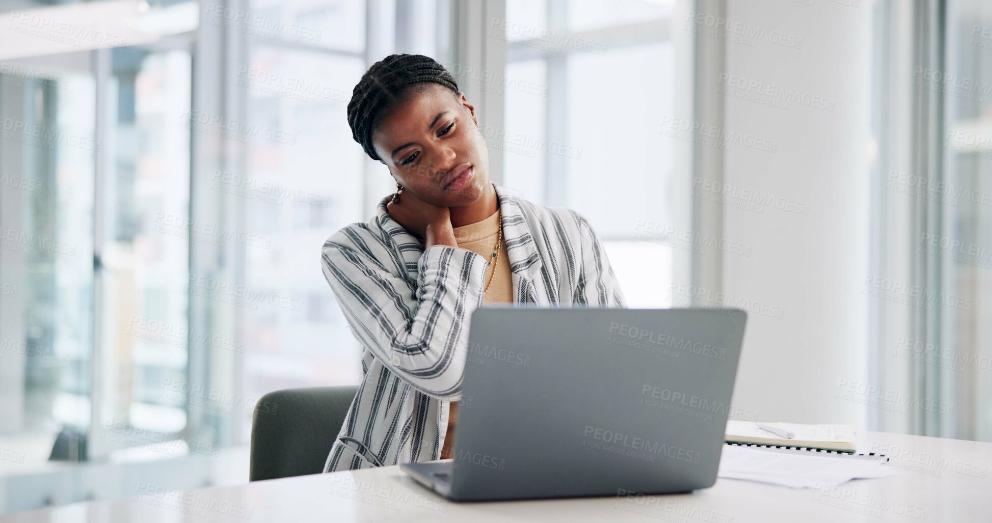 Buy stock photo Neck pain, laptop and black woman in office with bad posture, injury or stress symptoms. Computer, business and African female bookkeeper with muscle sprain for ergonomics problem in workplace.