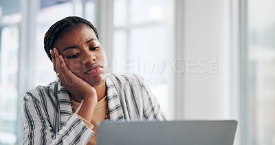 Buy stock photo Business, black woman and bored on laptop in office with mental health, frustrated and anxiety for workload. Professional, employee and tired at desk with burnout, overworked and lazy for project