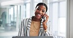 Happy, black woman and business discussion with phone call for friendly conversation, online advice or service at office. Young African, female person or consultant with smile on mobile smartphone