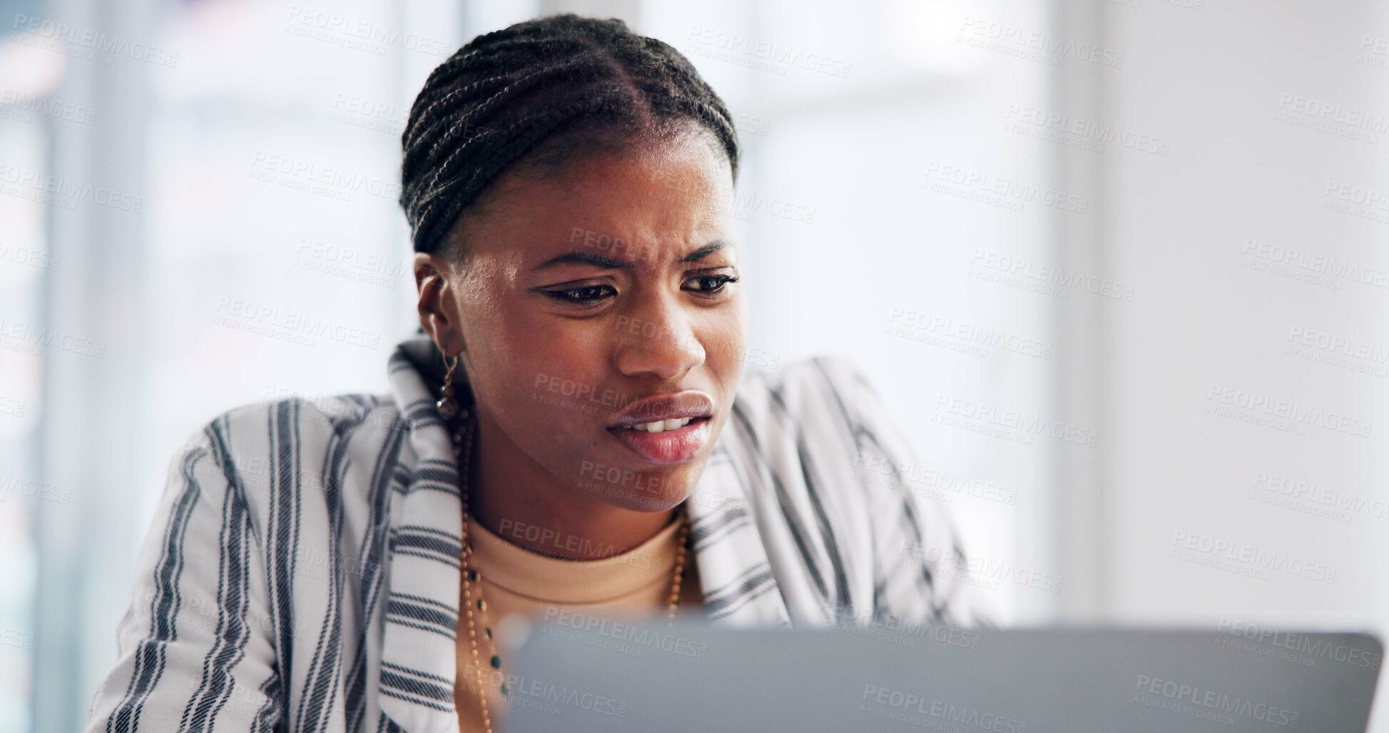 Buy stock photo Frustrated, black woman and confused with laptop for bad news, mistake or review at office. Young African, female person or annoyed employee with expression in disappointment on computer for debt