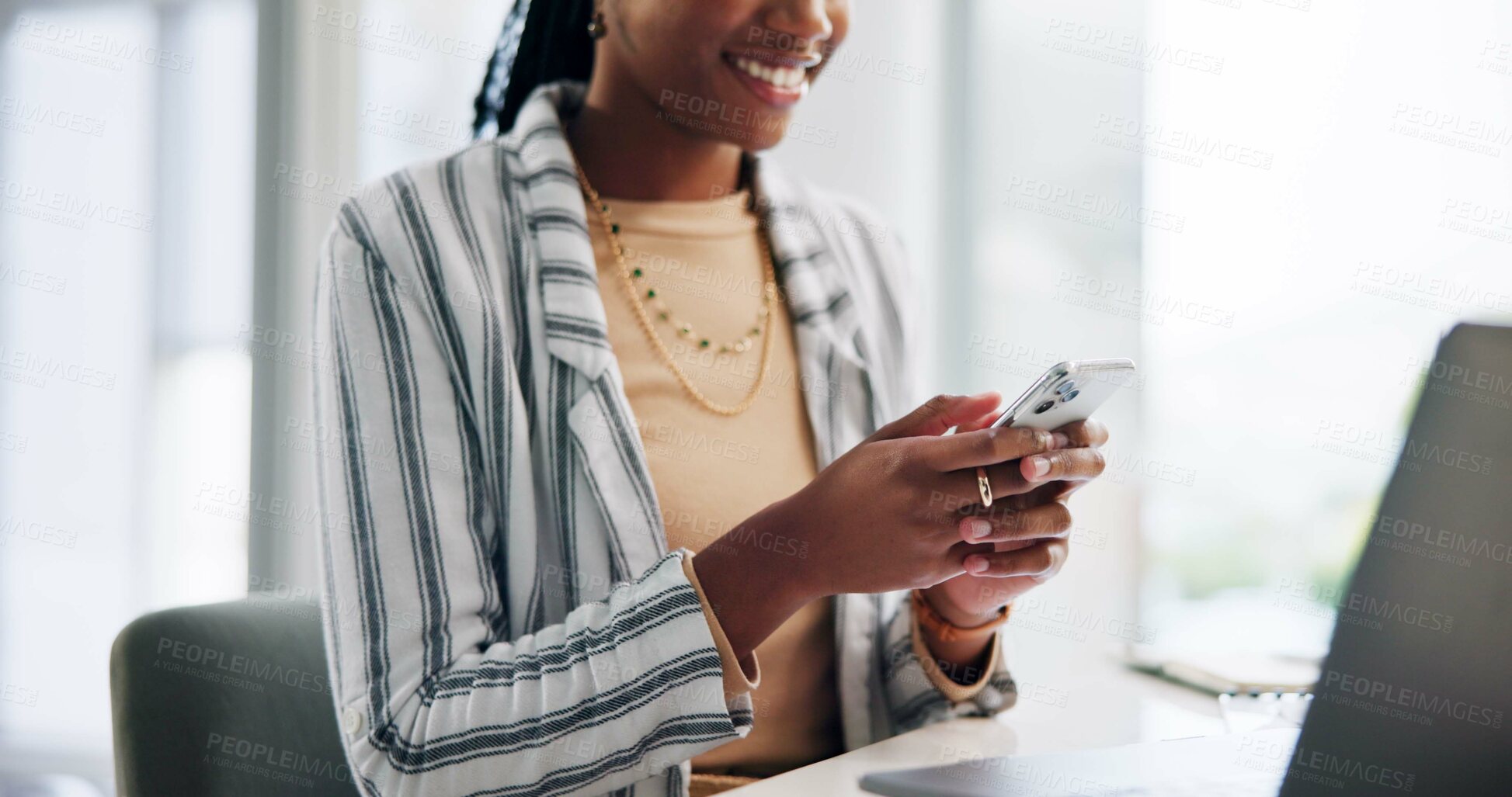 Buy stock photo Business, typing and black woman with smartphone, hands and internet with connection in office. African person, employee and consultant with cellphone, app and online reading with closeup and texting