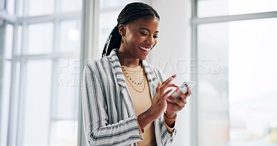 Buy stock photo Business, typing and black woman with smartphone, smile and internet with connection in office. African person, employee and consultant with cellphone, humor and online video  with joke and message