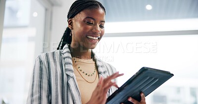 Buy stock photo Business, typing and black woman with tablet, smile and internet with connection in office. African person, employee or consultant with technology, humor or online reading with digital app or message