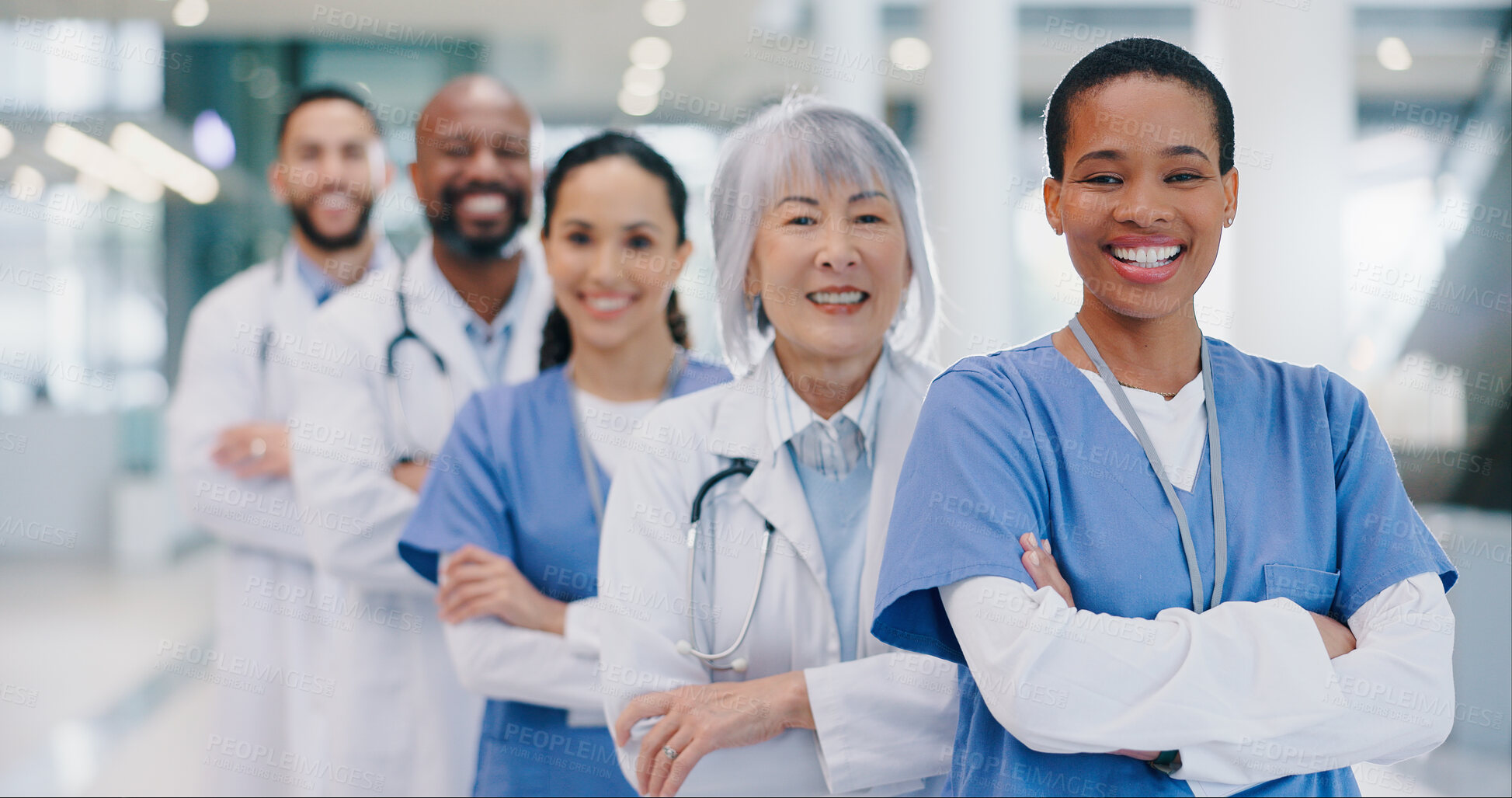 Buy stock photo Healthcare, people and portrait with arms crossed in hospital for medical service, pride and unity. Workers, diversity and nurses with doctors with smile for solidarity, trust or confidence at clinic