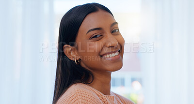 Buy stock photo Portrait, smile and wellness with Indian woman in home on weekend for break, calm or relax. Curtain, face and window with happy person at apartment in sunny morning for peace, positivity or pride