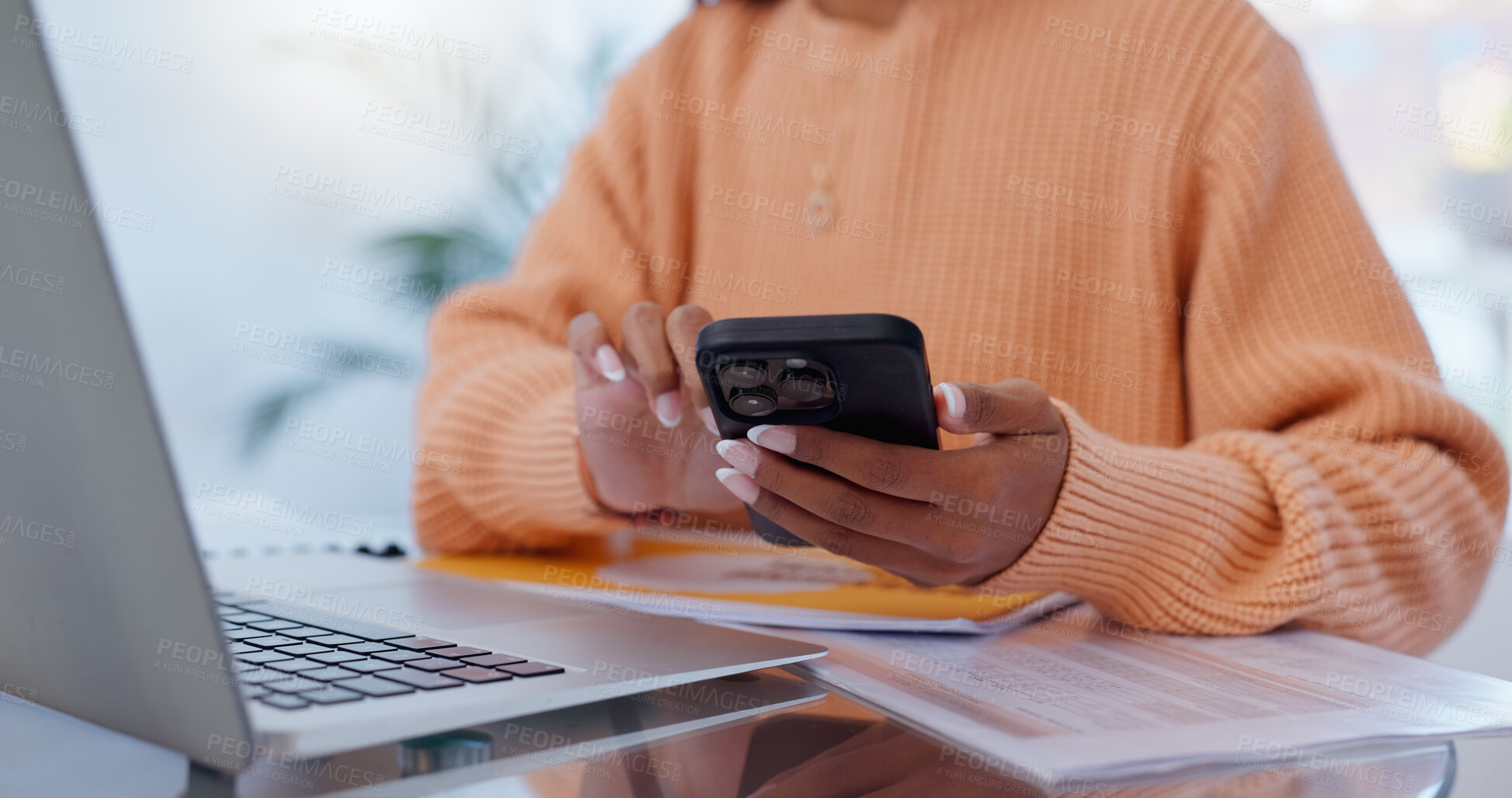 Buy stock photo Hands, home and woman with smartphone, typing and laptop with network, connection and social media. Apartment, closeup and person with cellphone, computer and communication with digital app and text