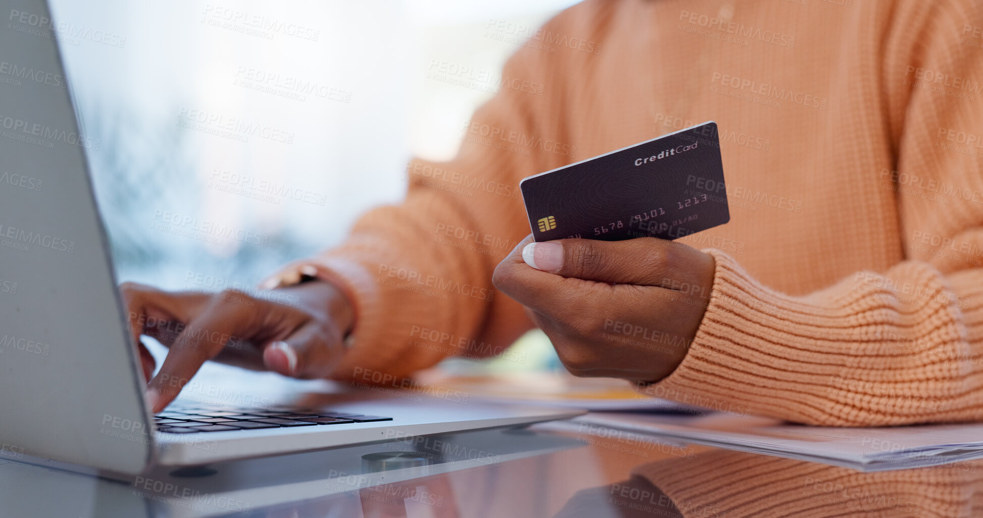 Buy stock photo Online shopping, laptop and hands of woman with credit card for payment planning, banking or home budget. Ecommerce, relax and girl at desk for fintech, web sale and financial freedom in apartment