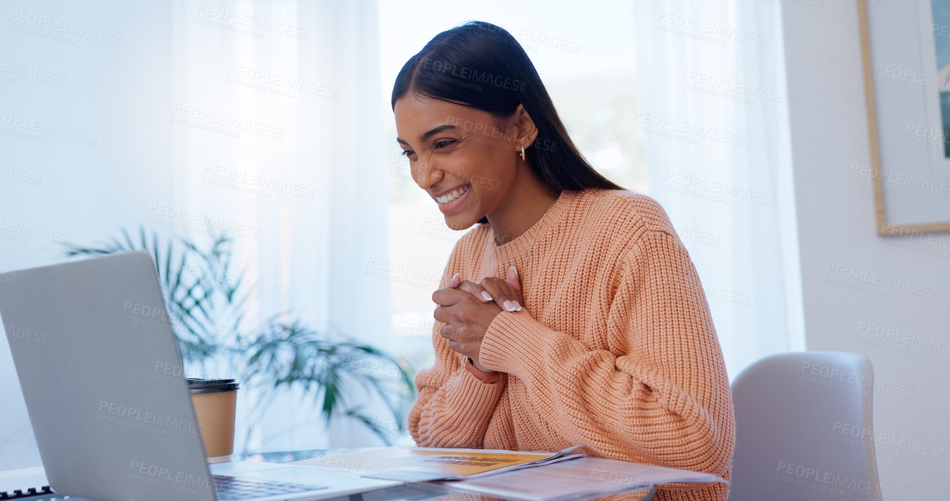 Buy stock photo Happy, home office and woman at laptop with good news, notification or announcement for winning achievement. Remote work, email and excited girl at computer with paperwork, smile and proposal success