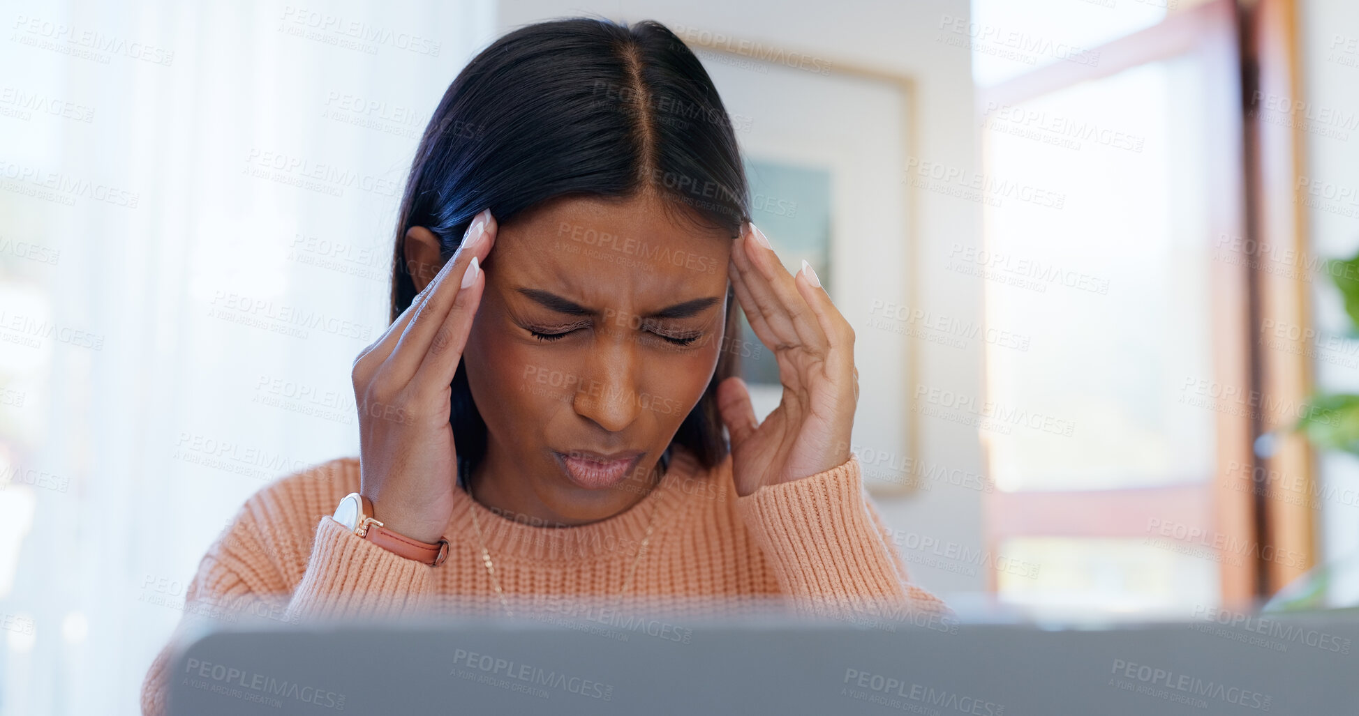 Buy stock photo Freelancer, businesswoman and headache with laptop for research, proofreading and stress for story angle. Remote work, journalist and publication with fatigue for typing, editing and article deadline