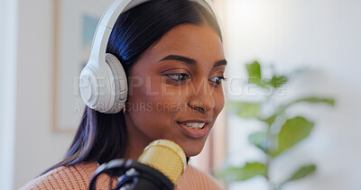 Buy stock photo Girl, headphones or microphone in home for podcast, content creation or talking for follower interaction. Woman, tech or live show in private studio for audio recording, opinion platform or broadcast