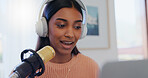 Woman, headphones or microphone in home for podcast, content creation or talking for follower interaction. Girl, tech or live show in private studio for audio recording, opinion platform or broadcast