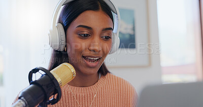 Buy stock photo Woman, headphones or microphone in home for podcast, content creation or talking for follower interaction. Girl, tech or live show in private studio for audio recording, opinion platform or broadcast