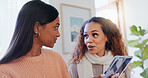 Talking, friends and women with smartphone, home and asking for advice, online dating and show of social media. Conversation, people and discussion for long distance relationship, web and together
